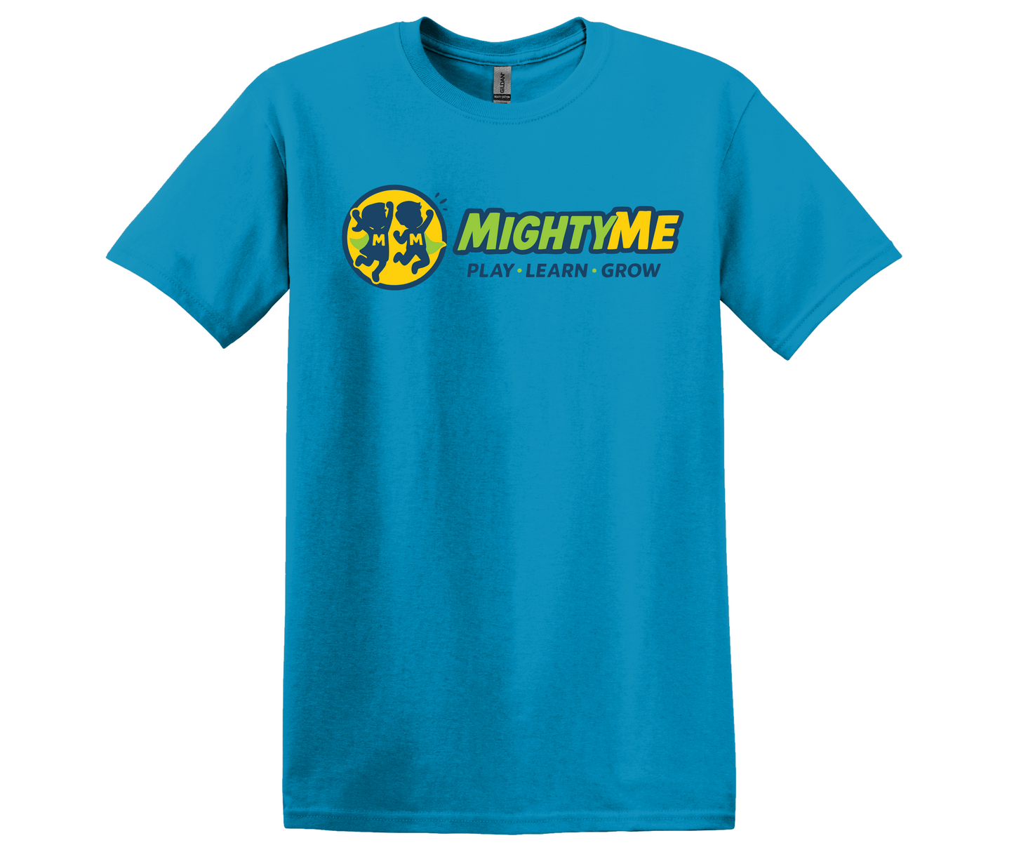 Blue t-shirt with 'Mighty Me' logo and text on a white background