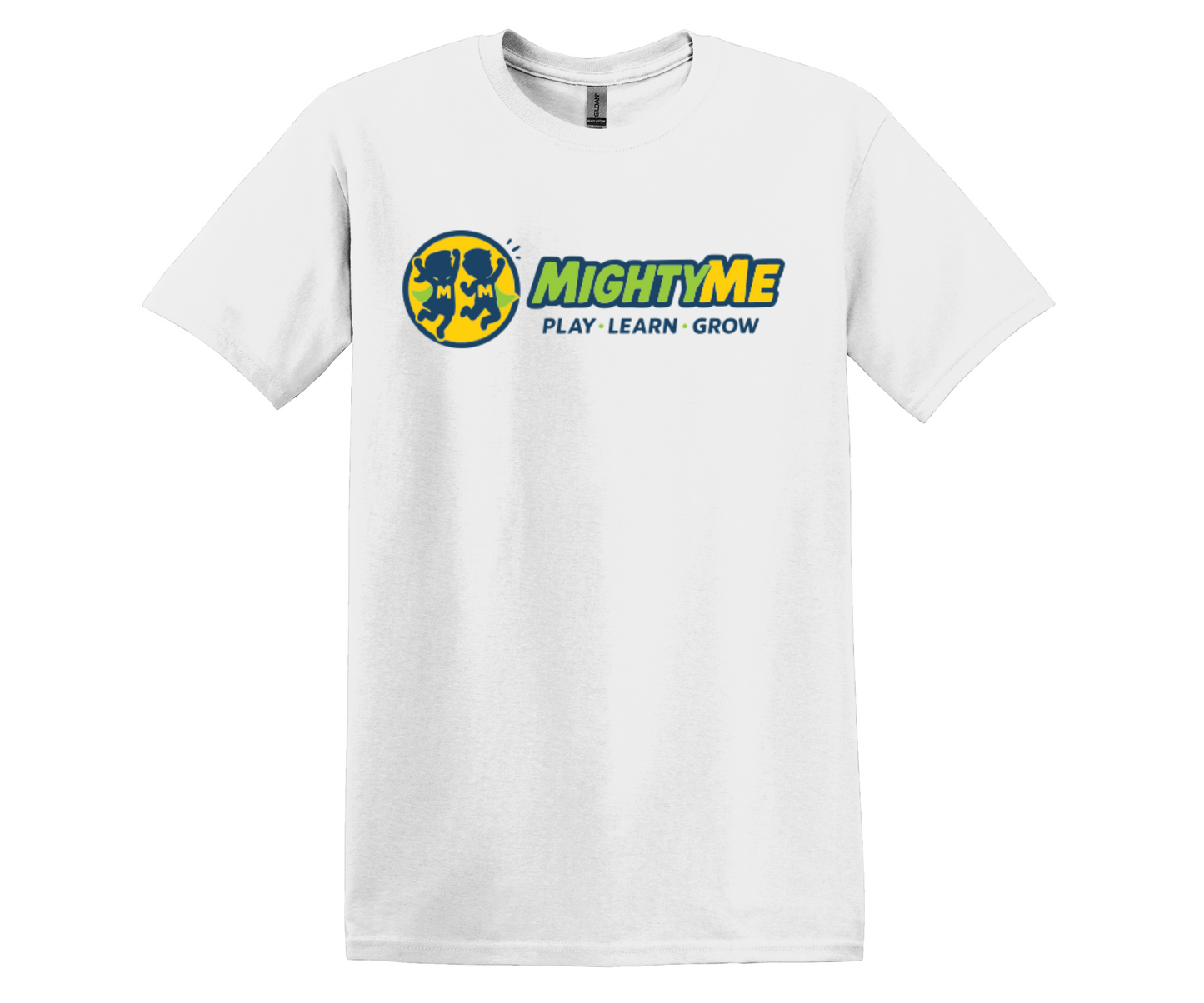 White t-shirt with 'Mighty Me' logo and text on a white background